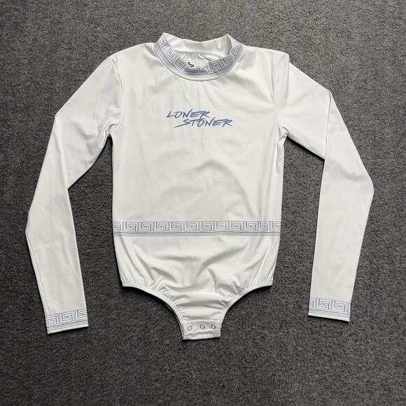 Loner Stoner Tops - Loner Stoner Long Sleeve Bodysuit Women's Medium White/Blue Stretch Unique Rare